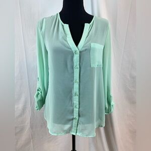 Elegant Mint Green‎ Chiffon Button-Up Blouse